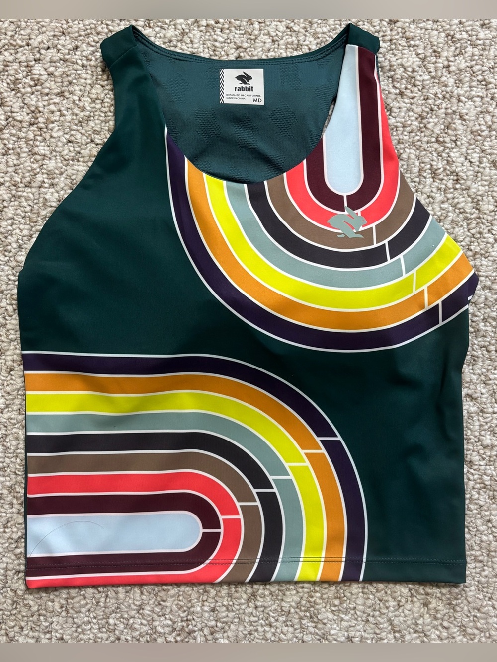 Rabbit Women’s Running Crop Tank Top Green Multicolor Retro Print Size M